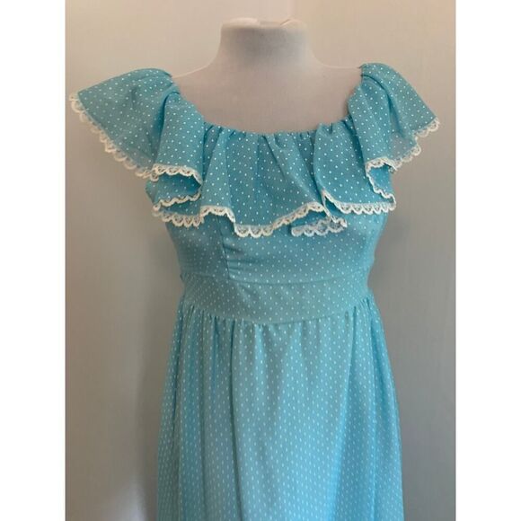 VTG 70s Boho Maxi Dress Blue Polka Dot Prairie Country Ruffle Gunne Handmade - Picture 4 of 16